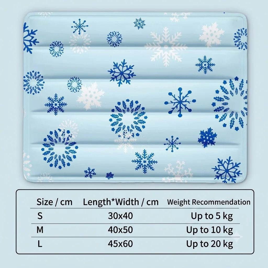 Snowflake-print mat from above with size table: S 30x40, M 40x50, L 45x60 cm for up to 5, 10 and 20 kg
