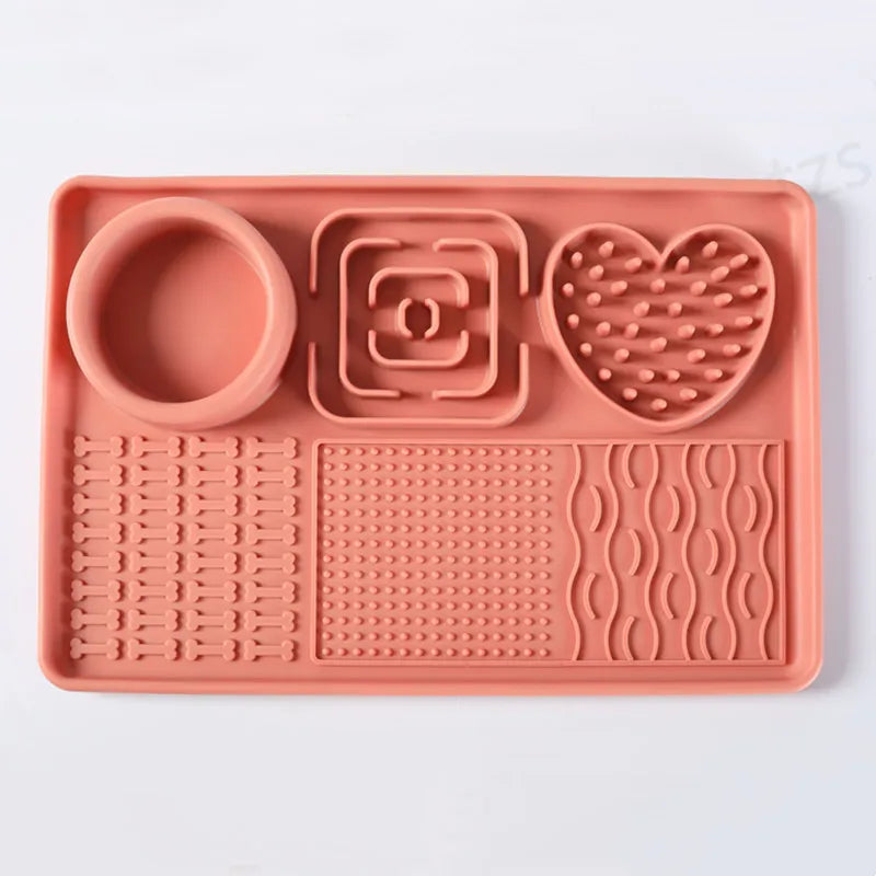 Terracotta silicone lick mat from above: round bowl well, square and heart-shaped areas, three textured zones