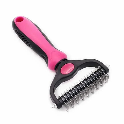 Pink and black dematting comb on a white background, angled view of the wide-spaced steel blades
