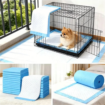 Three photos: Pomeranian in a wire crate lined with a puppy pad, stacks of folded pads, a rolled pad on a bed
