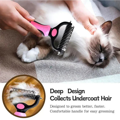Pink and black dematting comb drawn through the fur of a long-haired cat lying on a blanket, with close-up inset