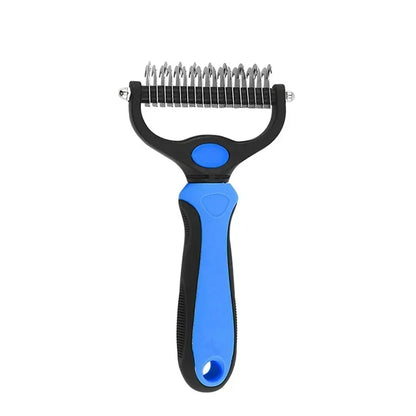 Blue and black dematting comb upright on a white background, showing the fine double row of steel teeth