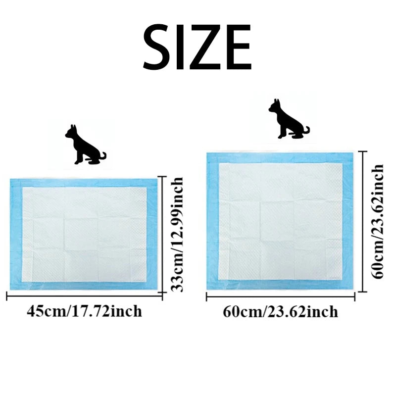 Size chart headed SIZE with two puppy pads, 45 x 33 cm and 60 x 60 cm, each under a dog silhouette