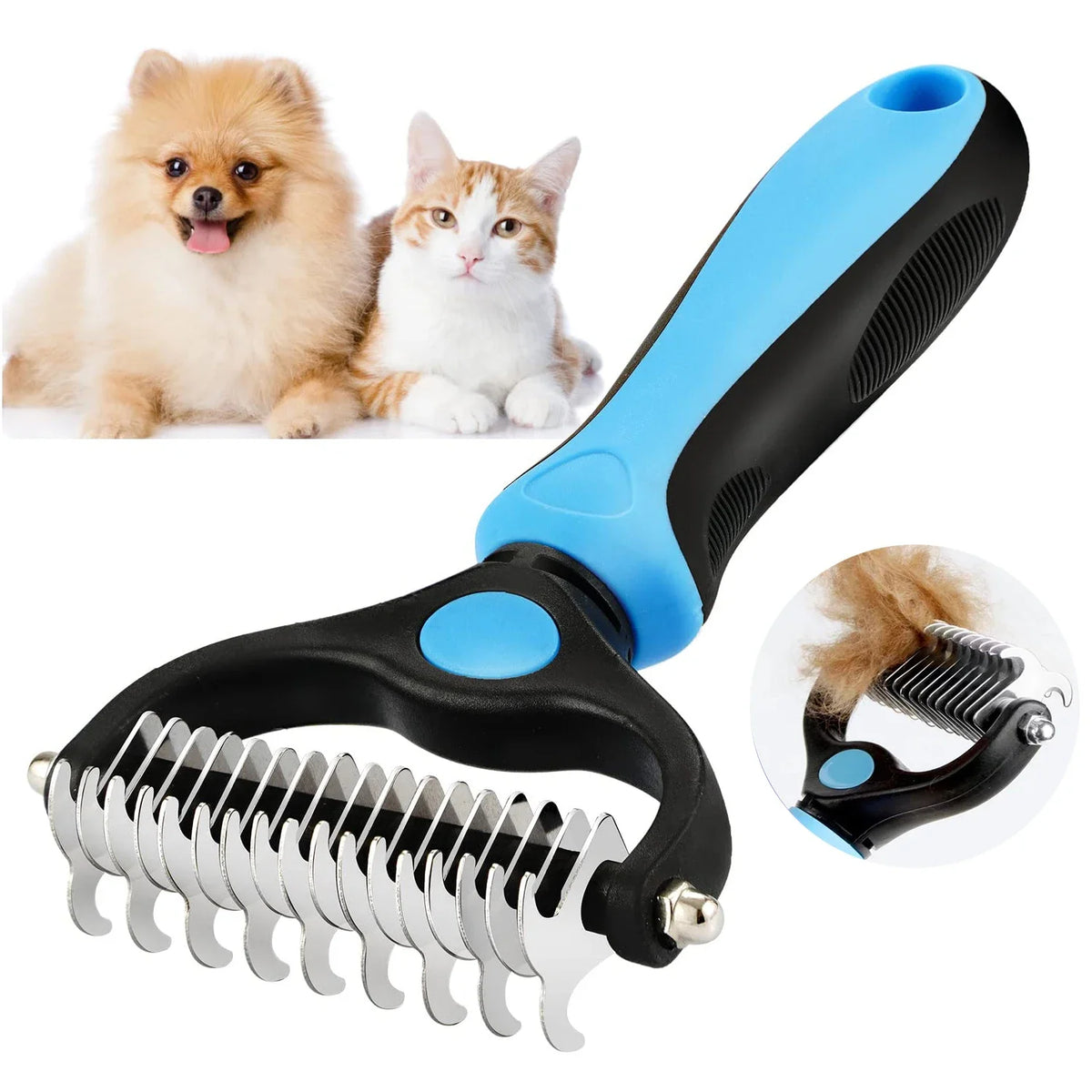 Blue and black dematting comb with steel teeth, inset photos of a Pomeranian, a cat and fur caught in the blades
