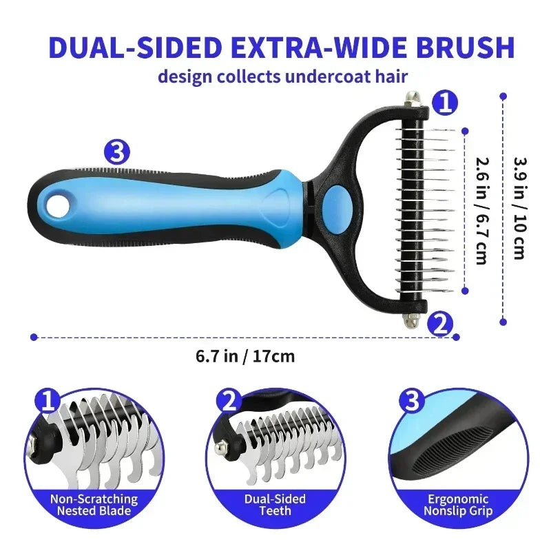 Measurement diagram of the blue comb: 17 cm long, 10 cm head, 6.7 cm teeth, plus close-ups of blades and grip