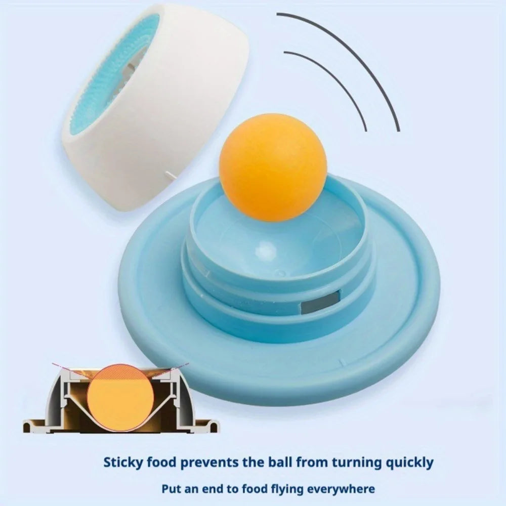 Exploded diagram of the treat bowl: white top cup, yellow ball and blue base, with a cross-section inset