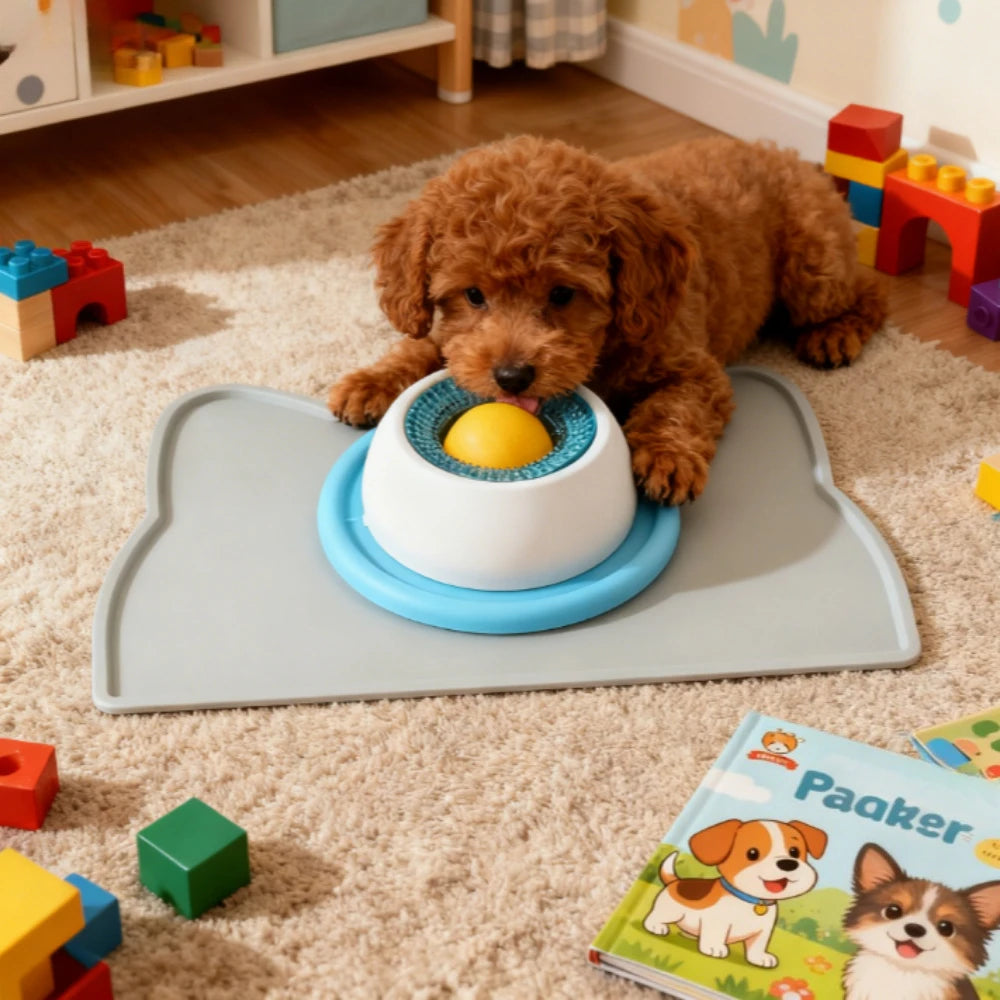 Red toy poodle lying on a rug licking the yellow ball in the treat bowl, in a playroom with building blocks