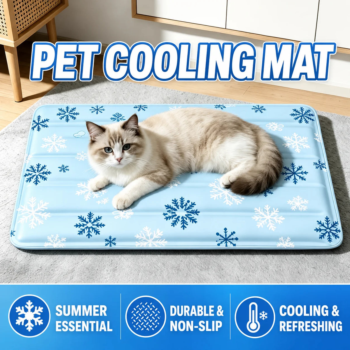 Long-haired cat lying on the light blue snowflake-print cooling mat on a grey rug, headline PET COOLING MAT