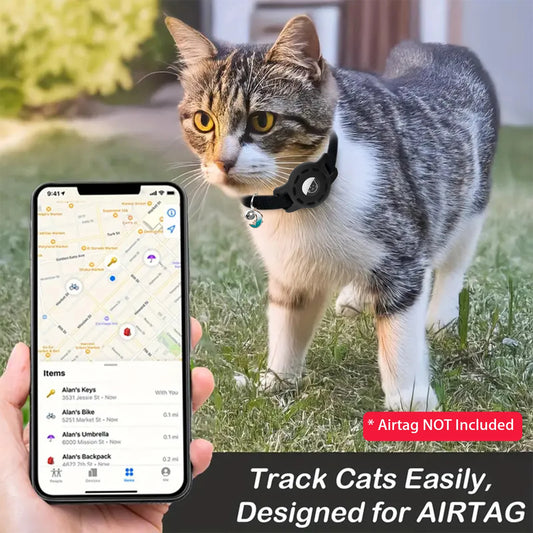 Adjustable AirTag Pet Collar with Bell – Elastic Nylon GPS Tracker Holder for Cats & Small Dogs